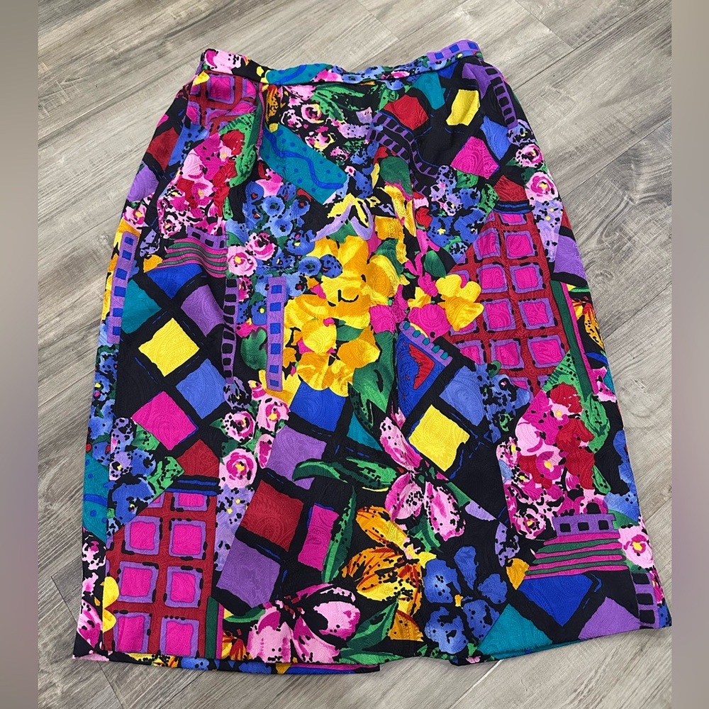 Vintage 80s/90s 100% Silk Abstract Floral Midi Skirt Size 12